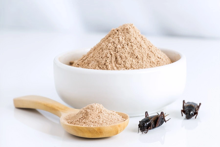 cricket powder in white bowl and wooden spool next to two crickets on white table